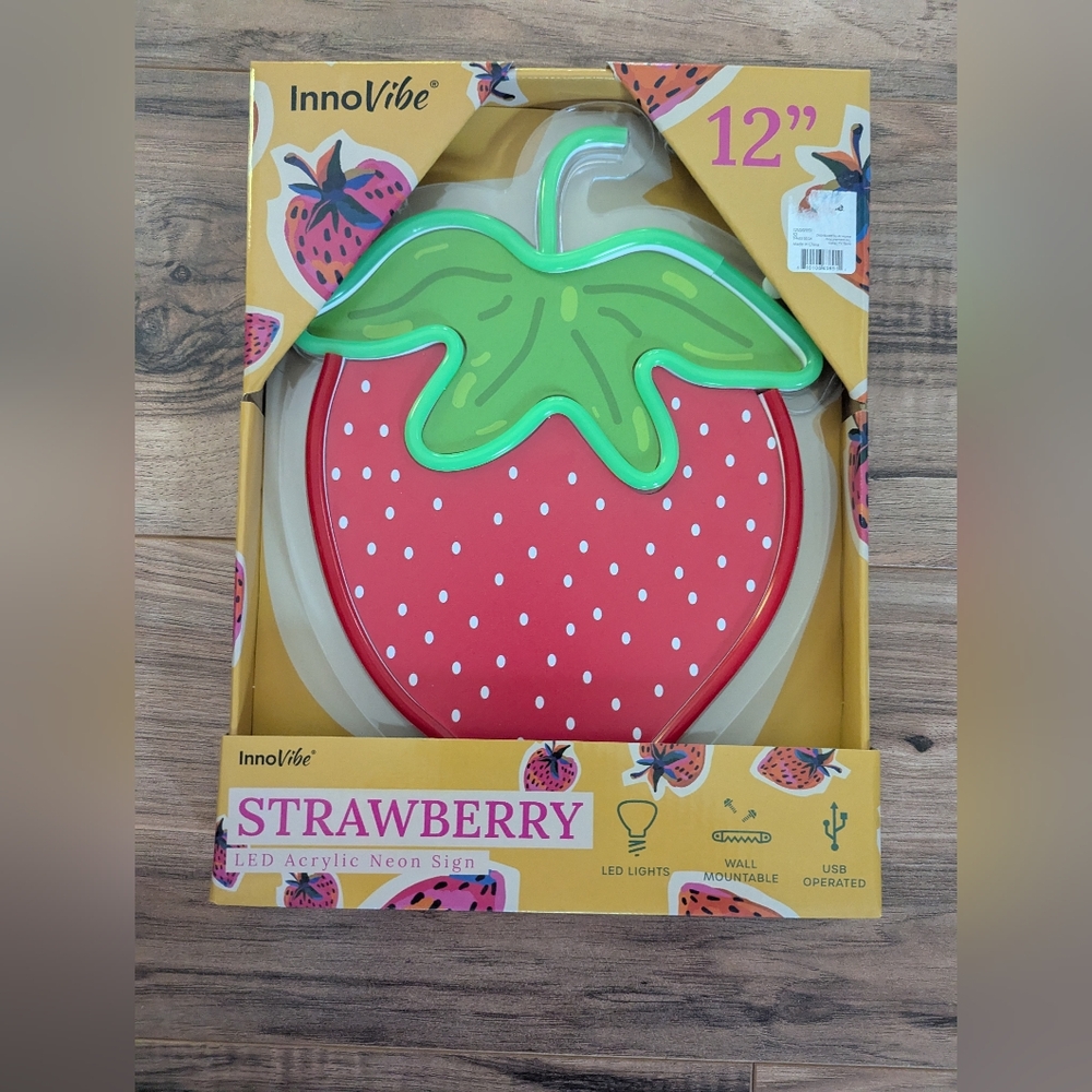NWT Strawberry Neon Wall Sign Decor. 12" Neon Strawberry Sign.
